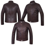 Men's Two-Tone Brown Cowhide Cafe Racer Jacket – front, back and side views