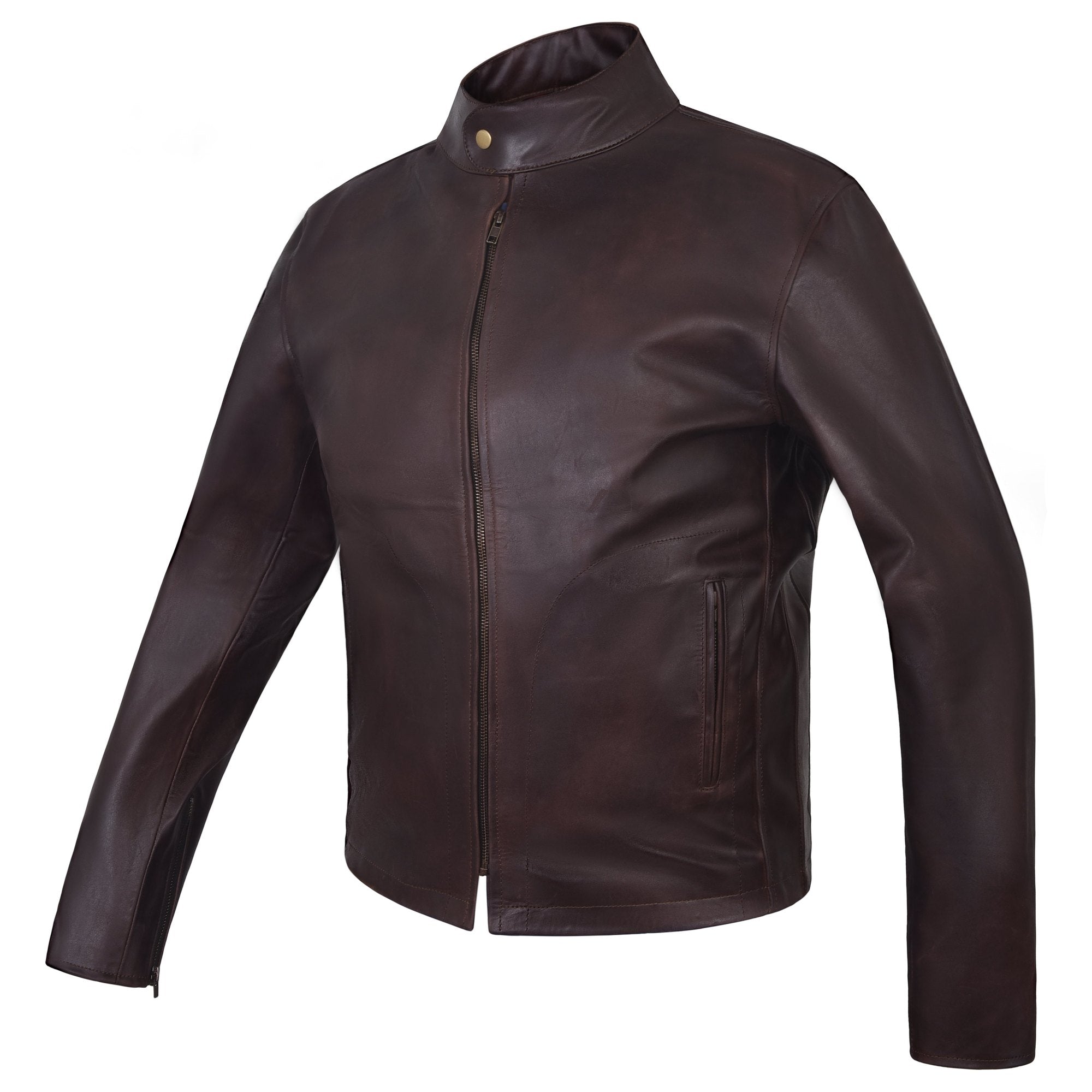 Men's Two-Tone Brown Cowhide Cafe Racer Jacket – three-quarter side view