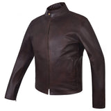 Men's Two-Tone Brown Cowhide Cafe Racer Jacket – three-quarter side view