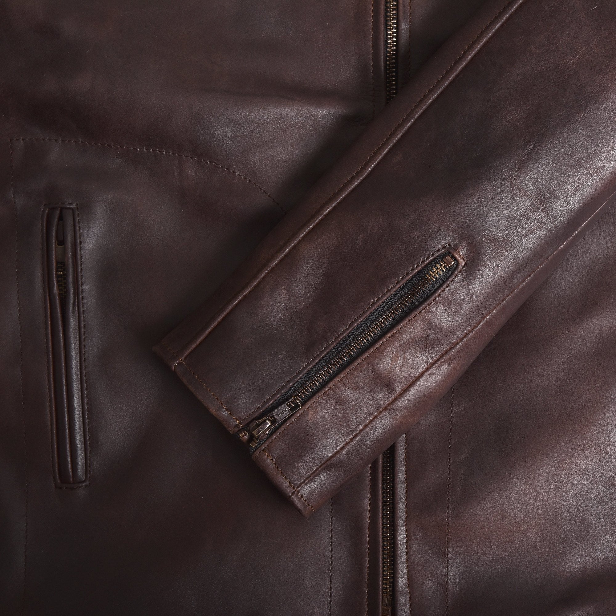 Men's Two-Tone Brown Cowhide Cafe Racer Jacket – zip pocket and zip cuff detail