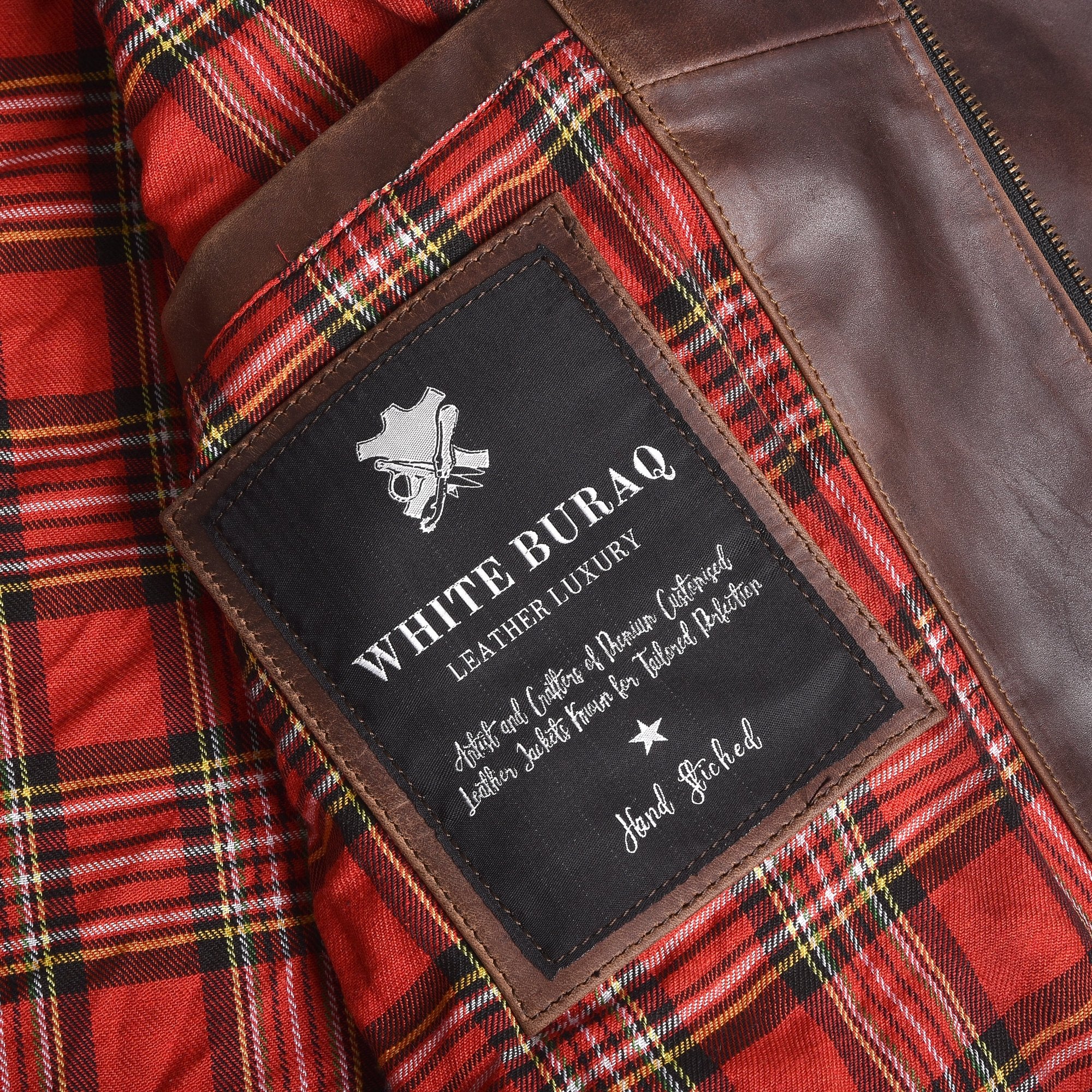 Men's Two-Tone Brown Cowhide Cafe Racer Jacket – red tartan lining with inside label