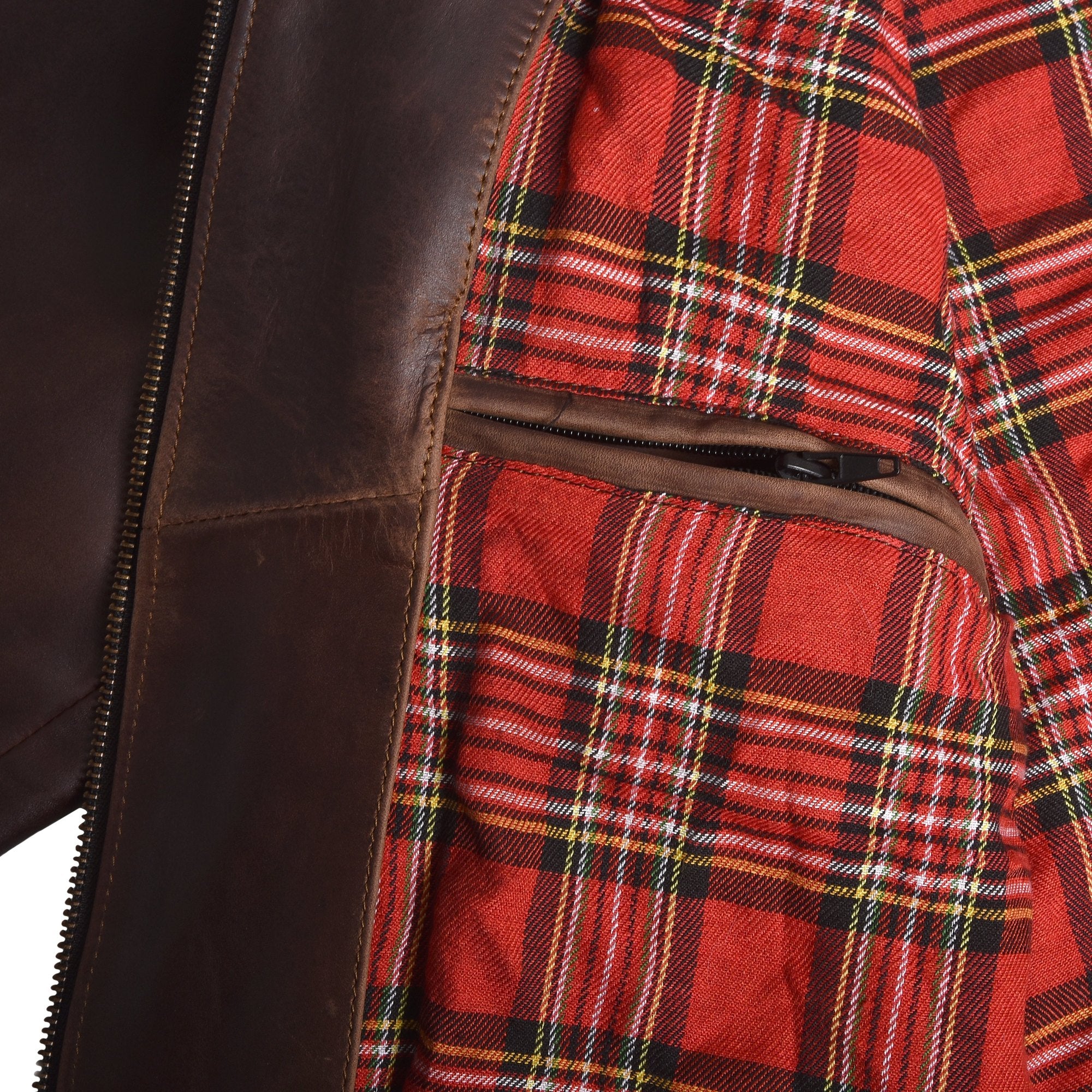 Men's Two-Tone Brown Cowhide Cafe Racer Jacket – tartan lining with inside zip pocket