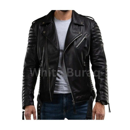 Quilted black leather biker jacket design
