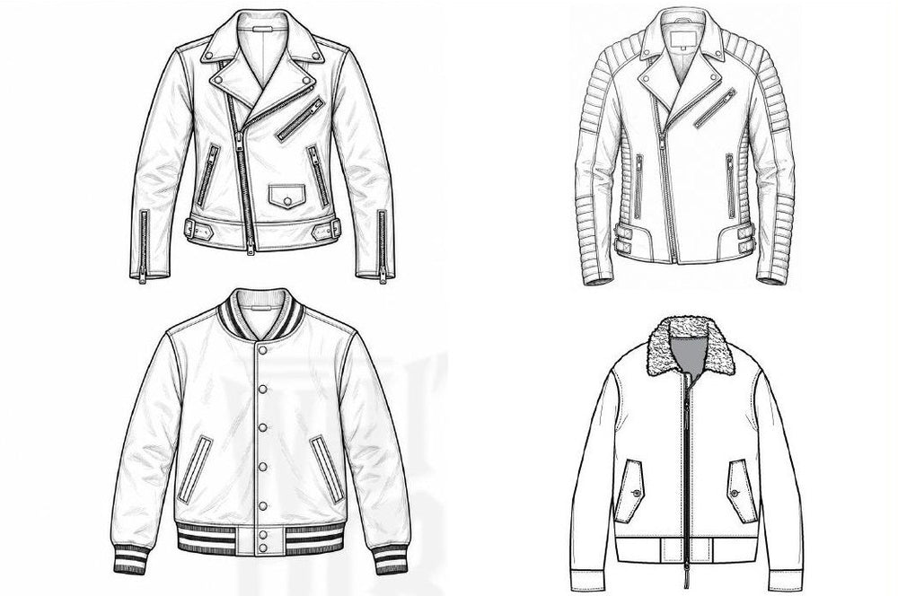 Design sketches of a classic biker, quilted biker, varsity jacket and shearling-collar jacket