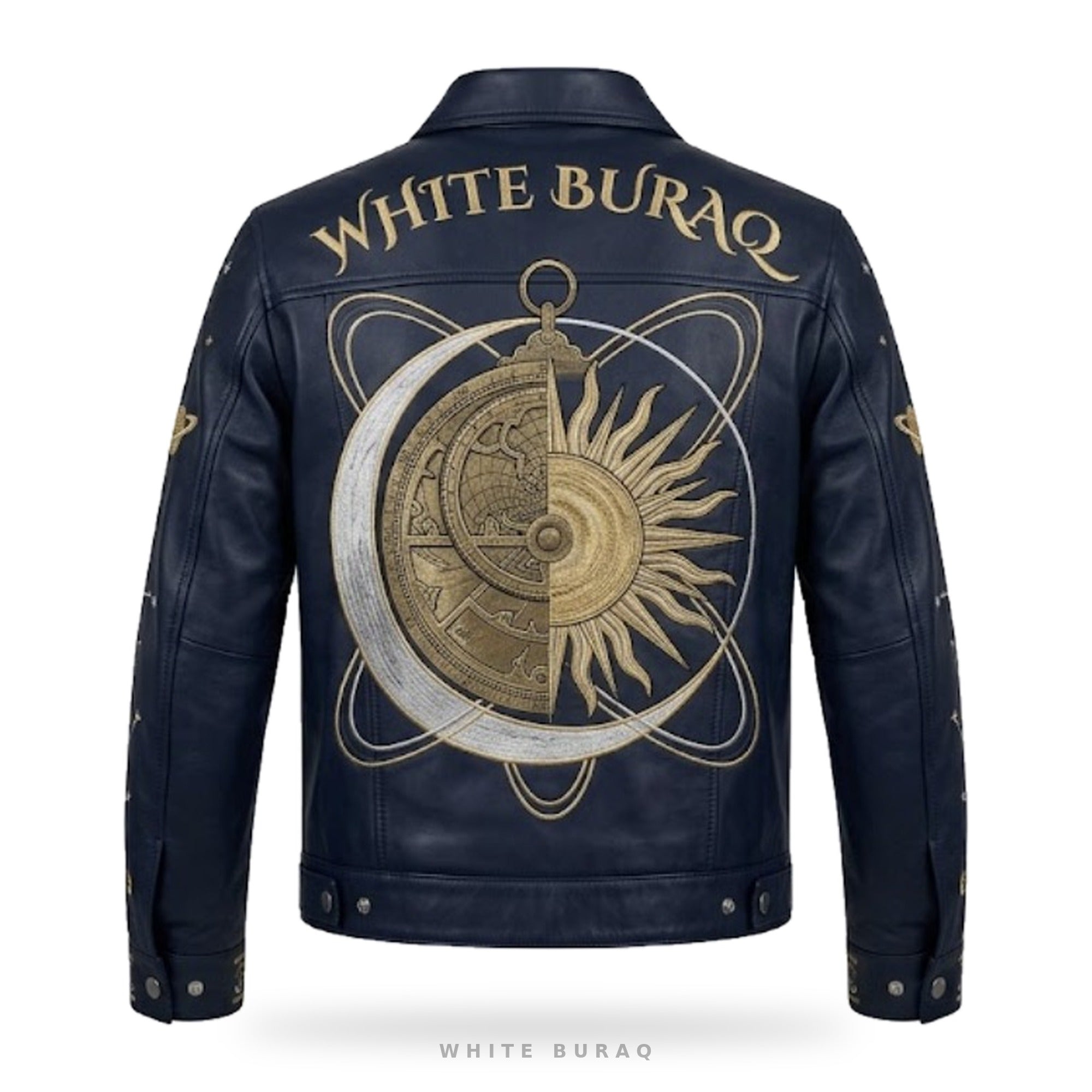 Custom Celestial Embroidered Leather Trucker Jacket – back
