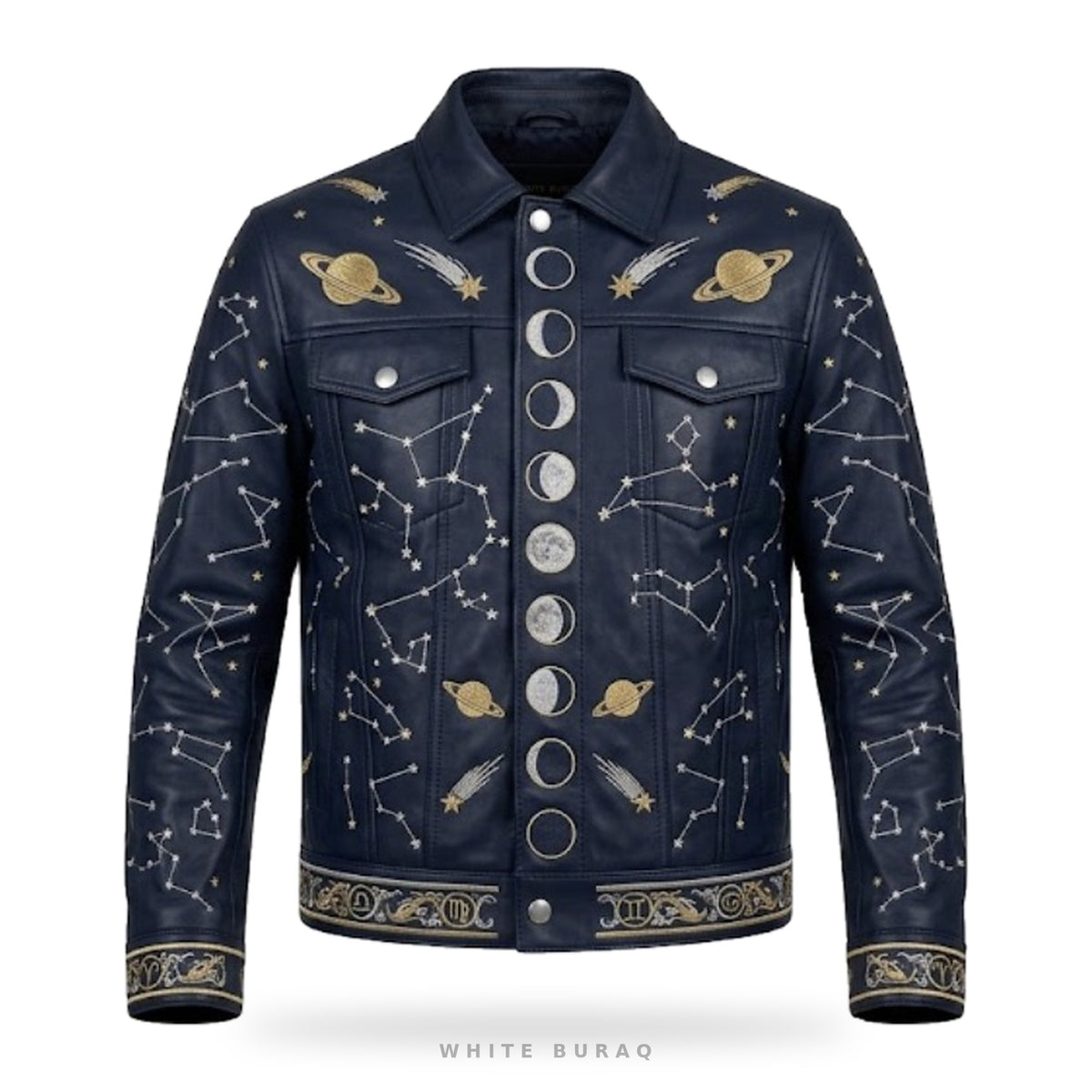 Custom Celestial Embroidered Leather Trucker Jacket – front