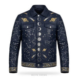 Custom Celestial Embroidered Leather Trucker Jacket – front