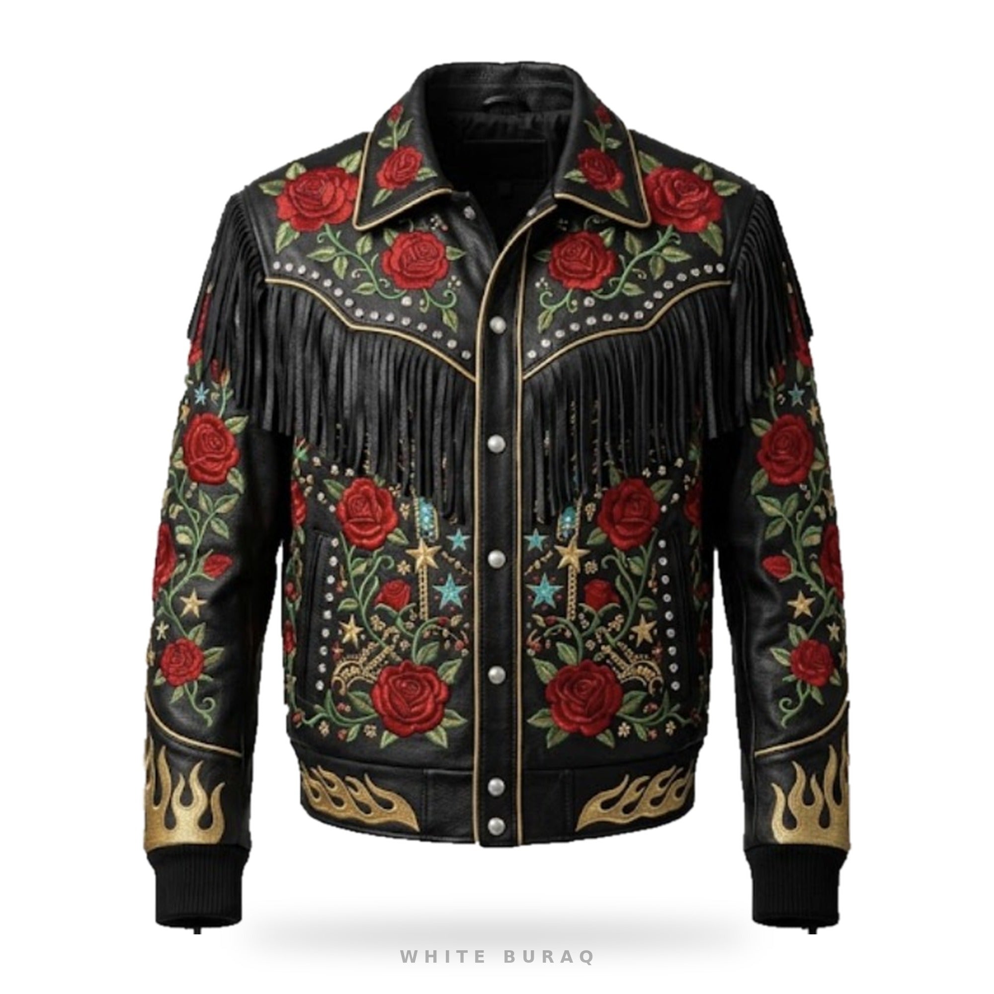 Custom Encore Embroidered Western Fringe Leather Jacket – front