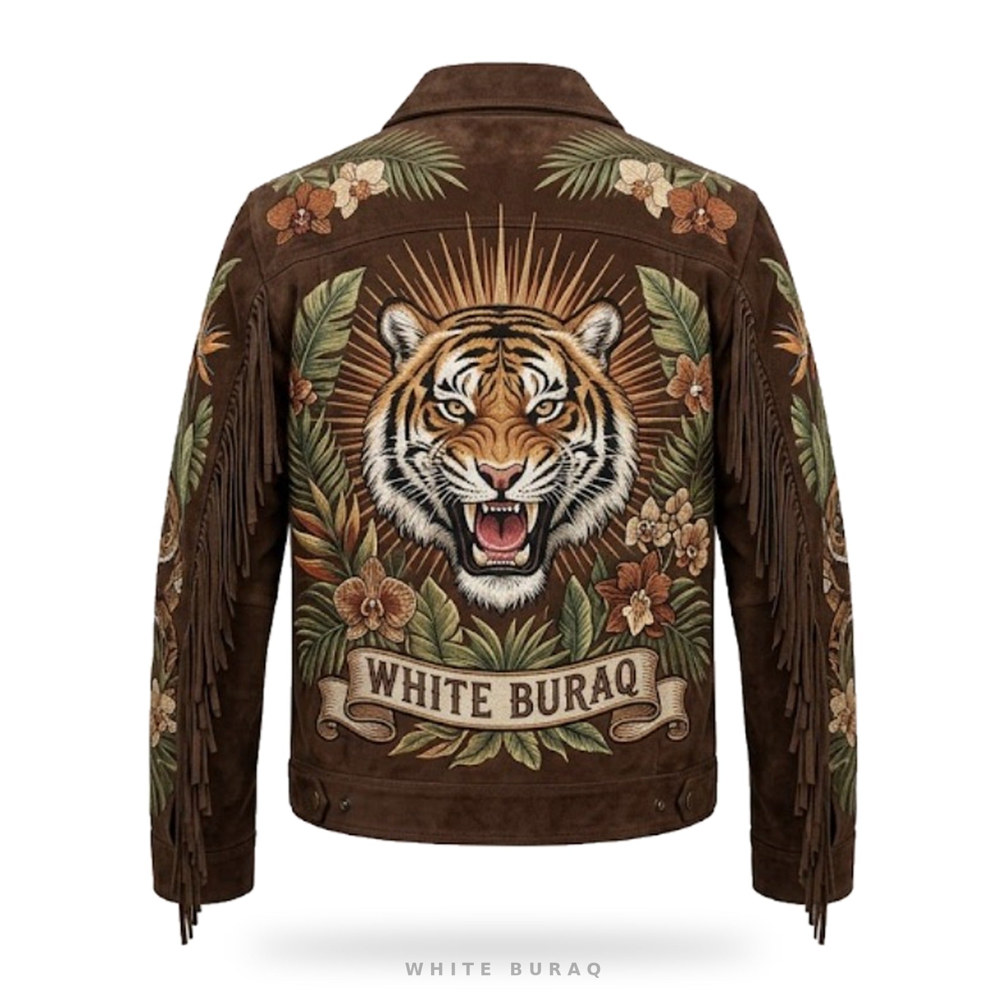 Custom Jungle Tiger Embroidered Suede Fringe Jacket – back