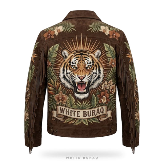 Custom Jungle Tiger Embroidered Suede Fringe Jacket – back