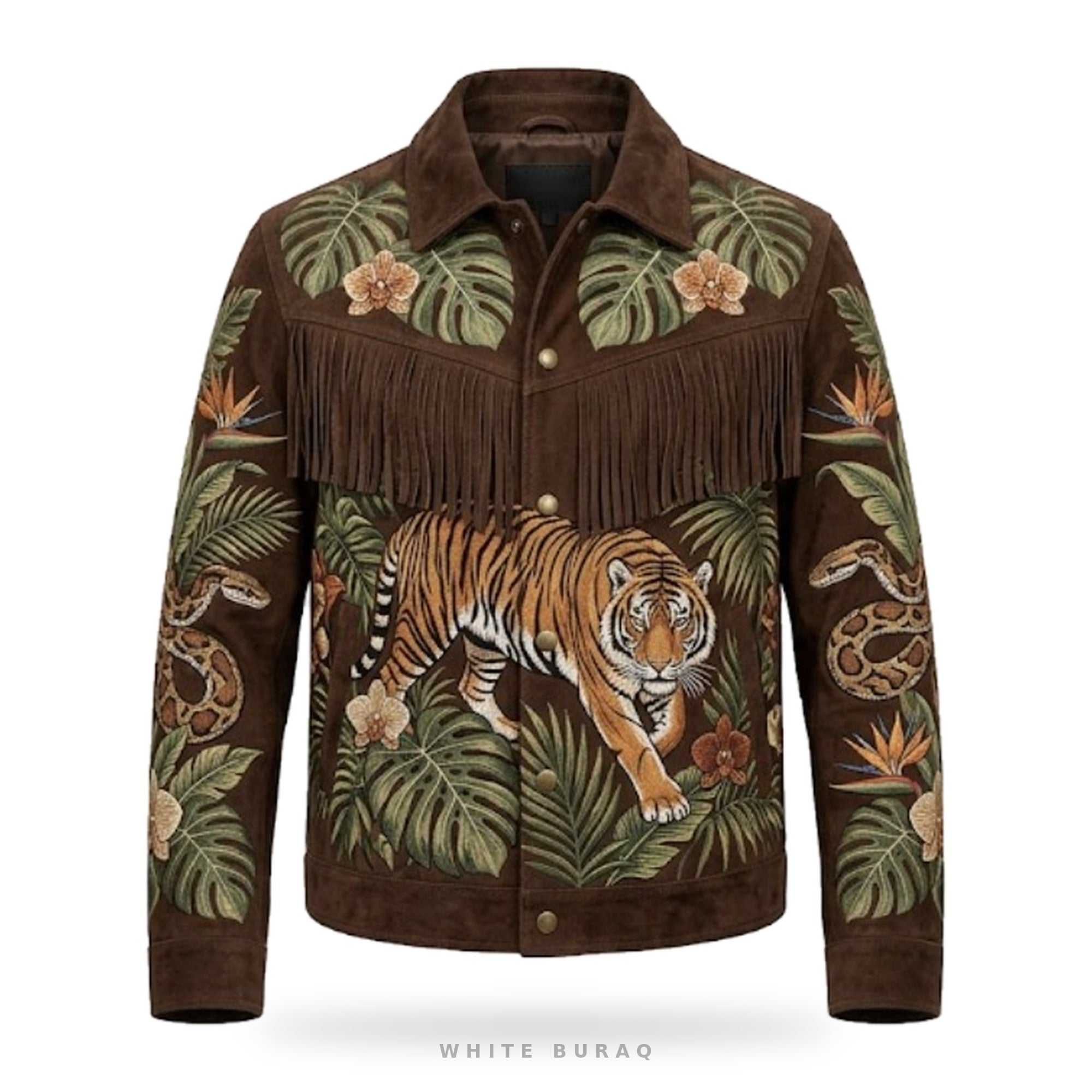 Custom Jungle Tiger Embroidered Suede Fringe Jacket – front