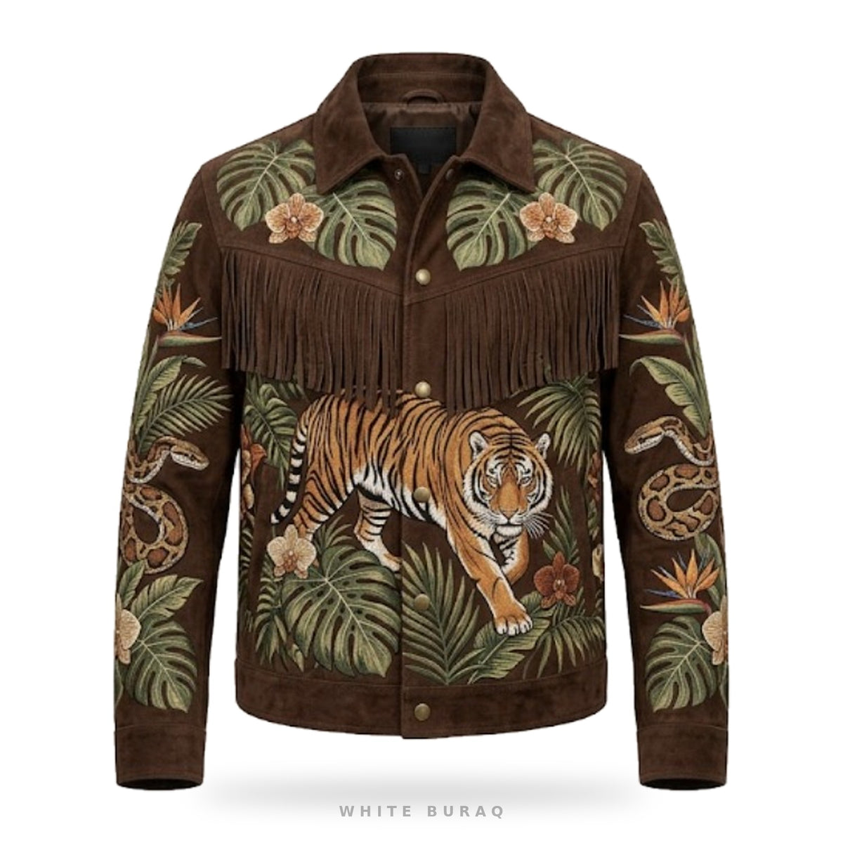 Custom Jungle Tiger Embroidered Suede Fringe Jacket – front