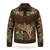 Custom Jungle Tiger Embroidered Suede Fringe Jacket – front