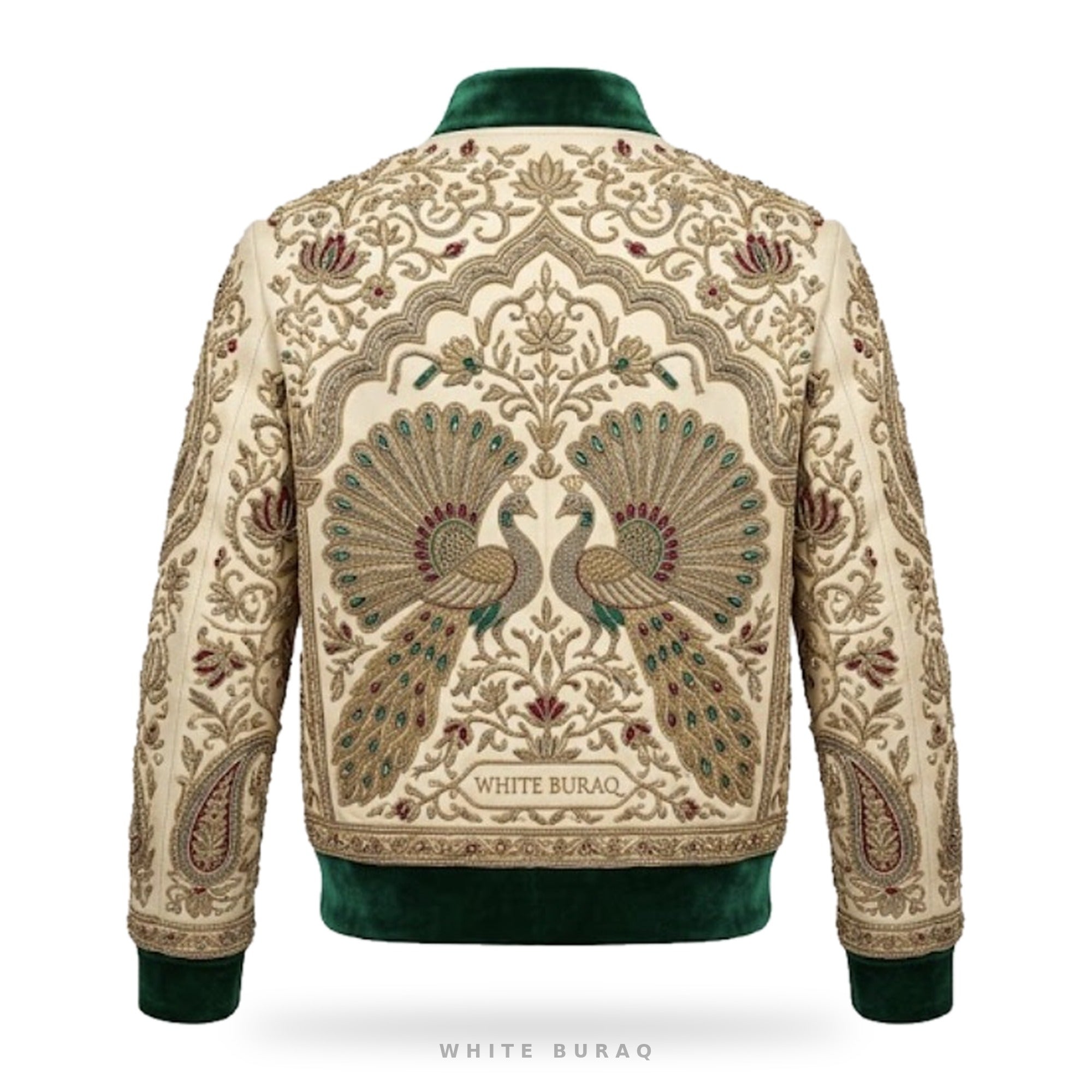 Custom Mughal Peacock Zardozi Embroidered Leather Bomber – back
