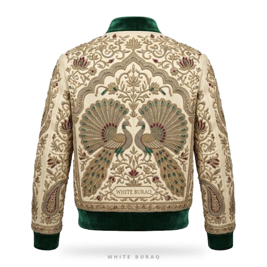 Custom Mughal Peacock Zardozi Embroidered Leather Bomber – back