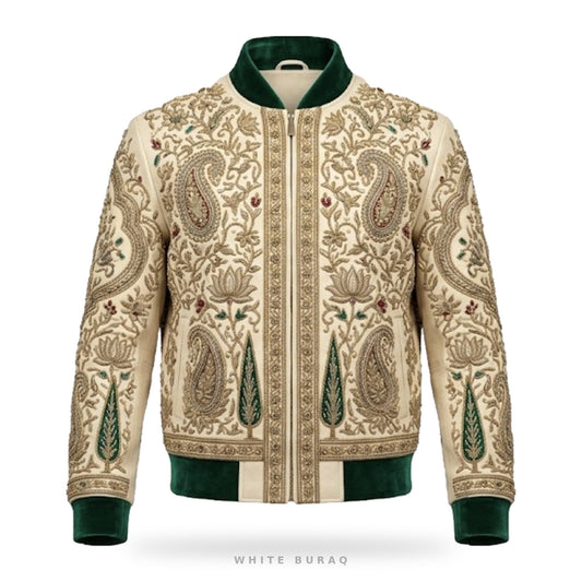 Custom Mughal Peacock Zardozi Embroidered Leather Bomber – front