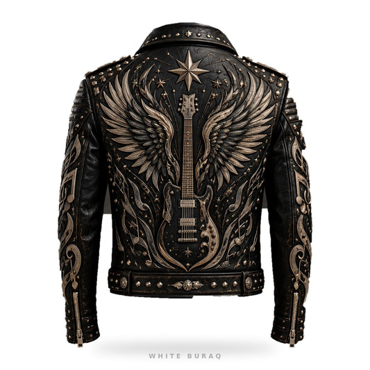 Custom Rock Guitar Studded Leather Biker Jacket – back