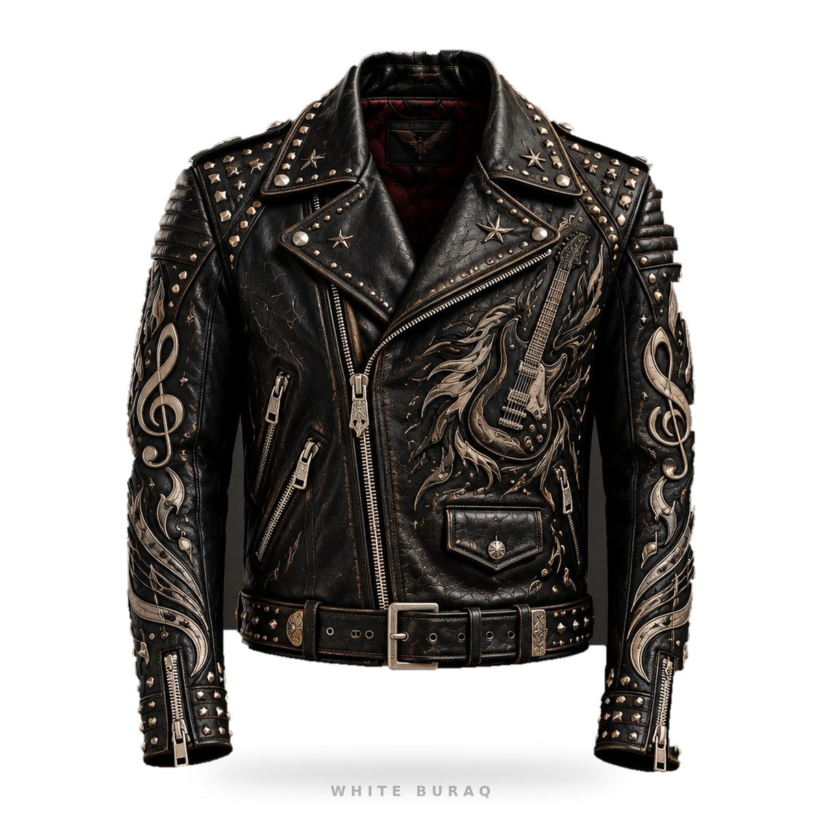 Custom Rock Guitar Studded Leather Biker Jacket – front