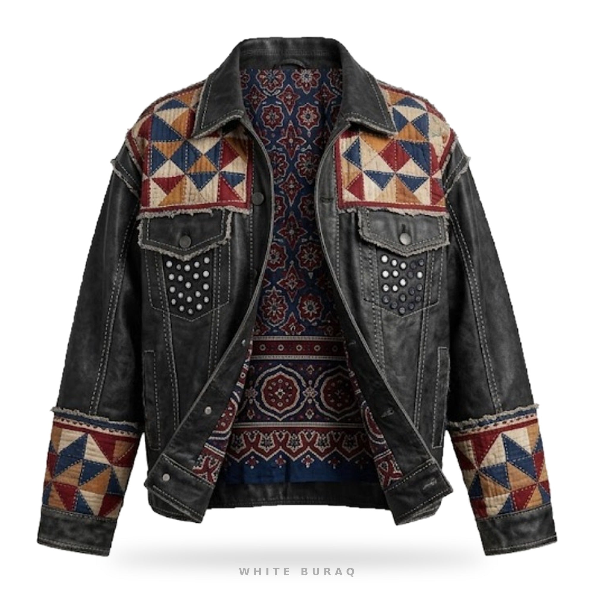Custom Sindhi Ajrak Patchwork Leather Trucker Jacket – front