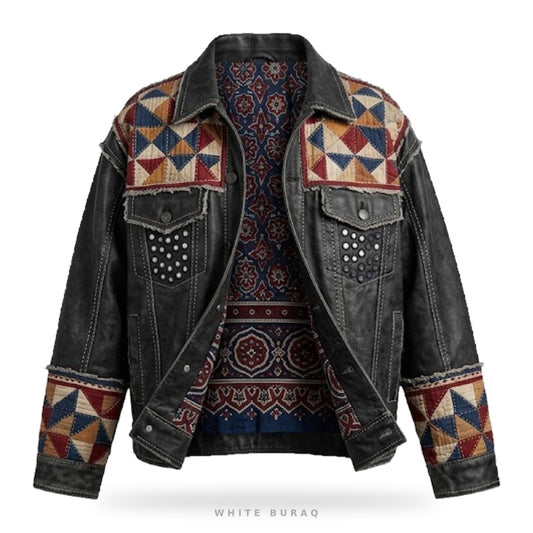Custom Sindhi Ajrak Patchwork Leather Trucker Jacket – front