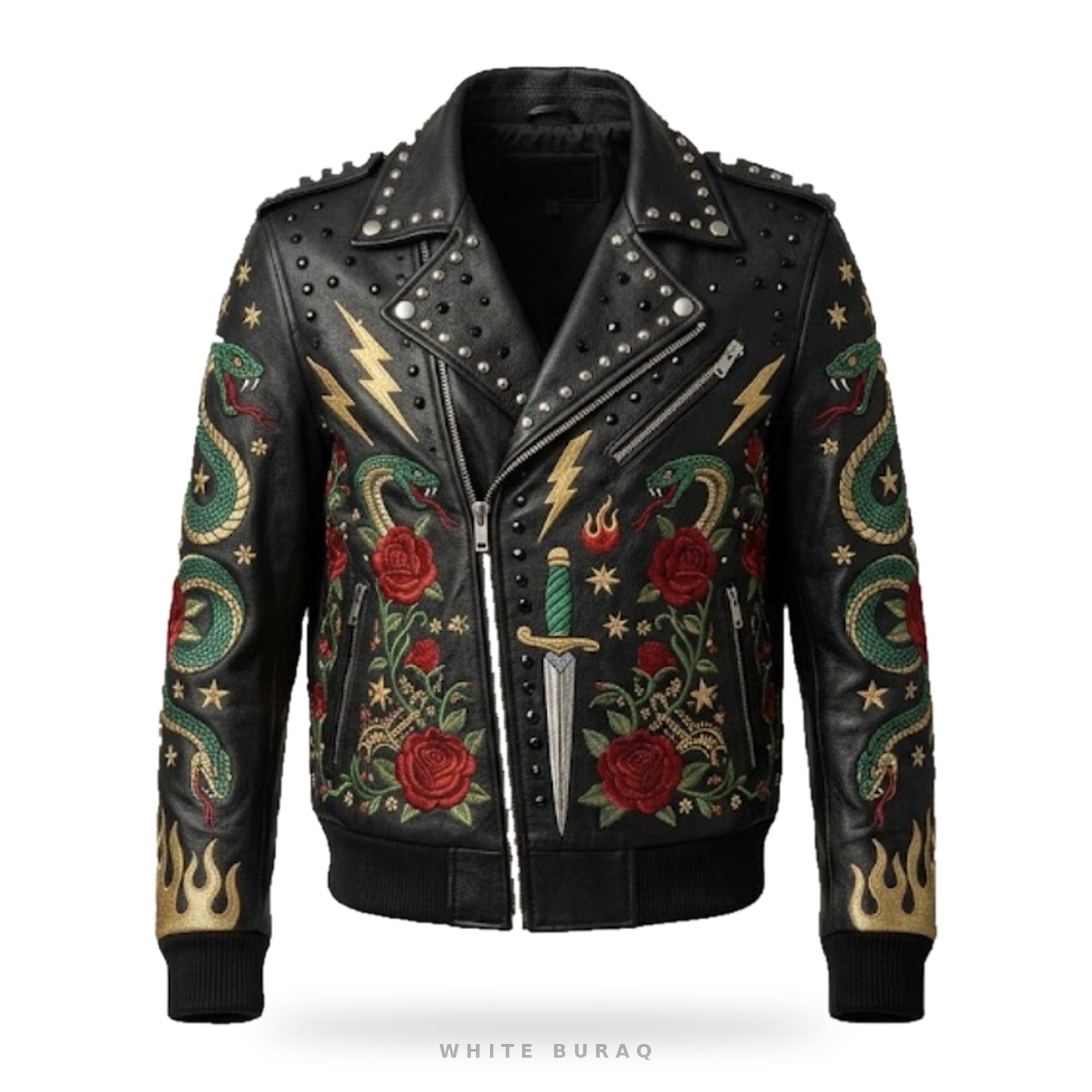 Custom Venom Embroidered Studded Leather Biker Jacket – front