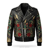 Custom Venom Embroidered Studded Leather Biker Jacket – front