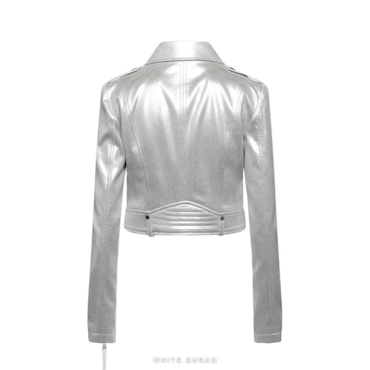 Women's Metallic Silver Lambskin Racer Jacket – view 2