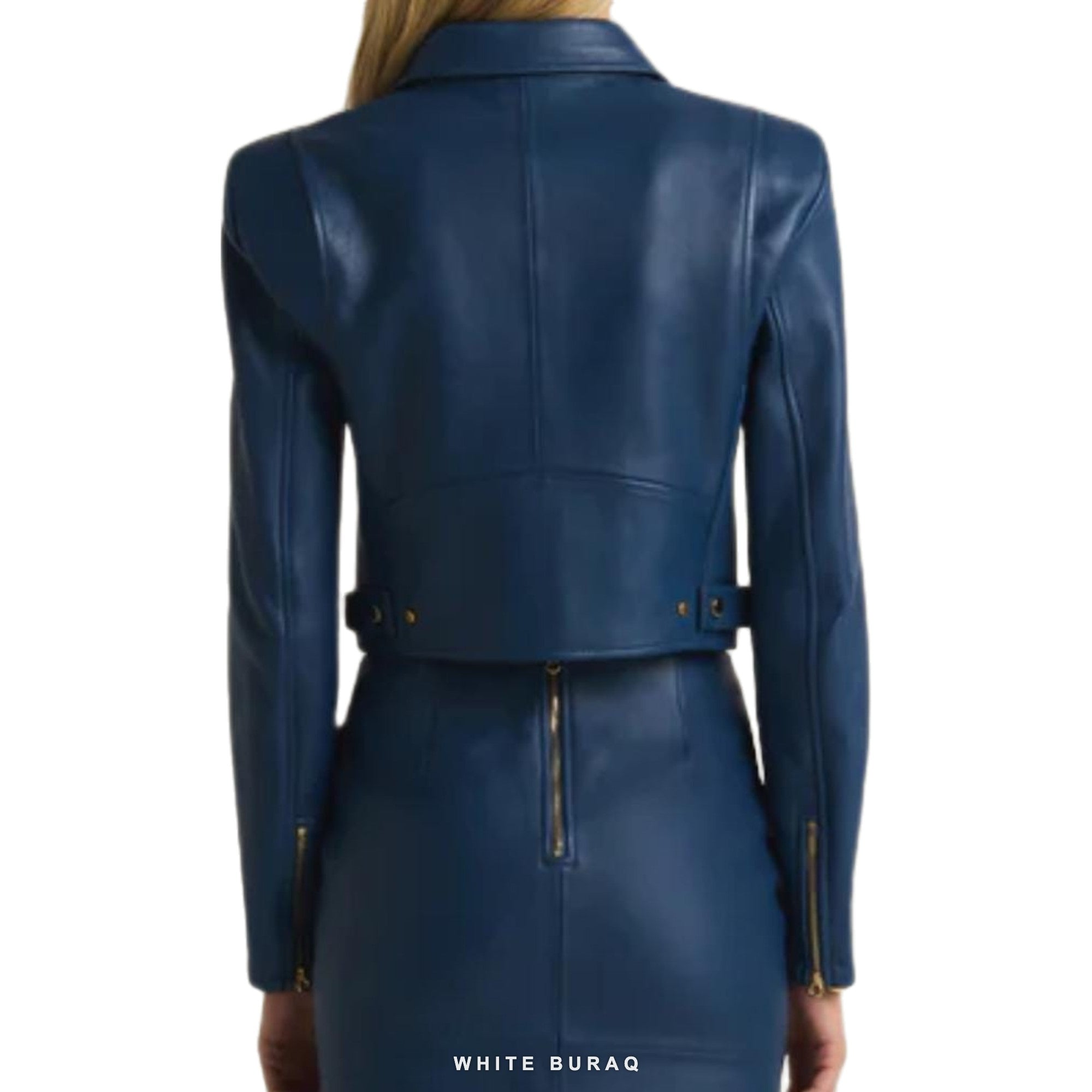 Women's Navy Nappa Leather Cropped Bomber Jacket