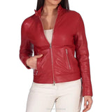 Women's Red Lambskin Leather Motorcycle Jacket – view 3