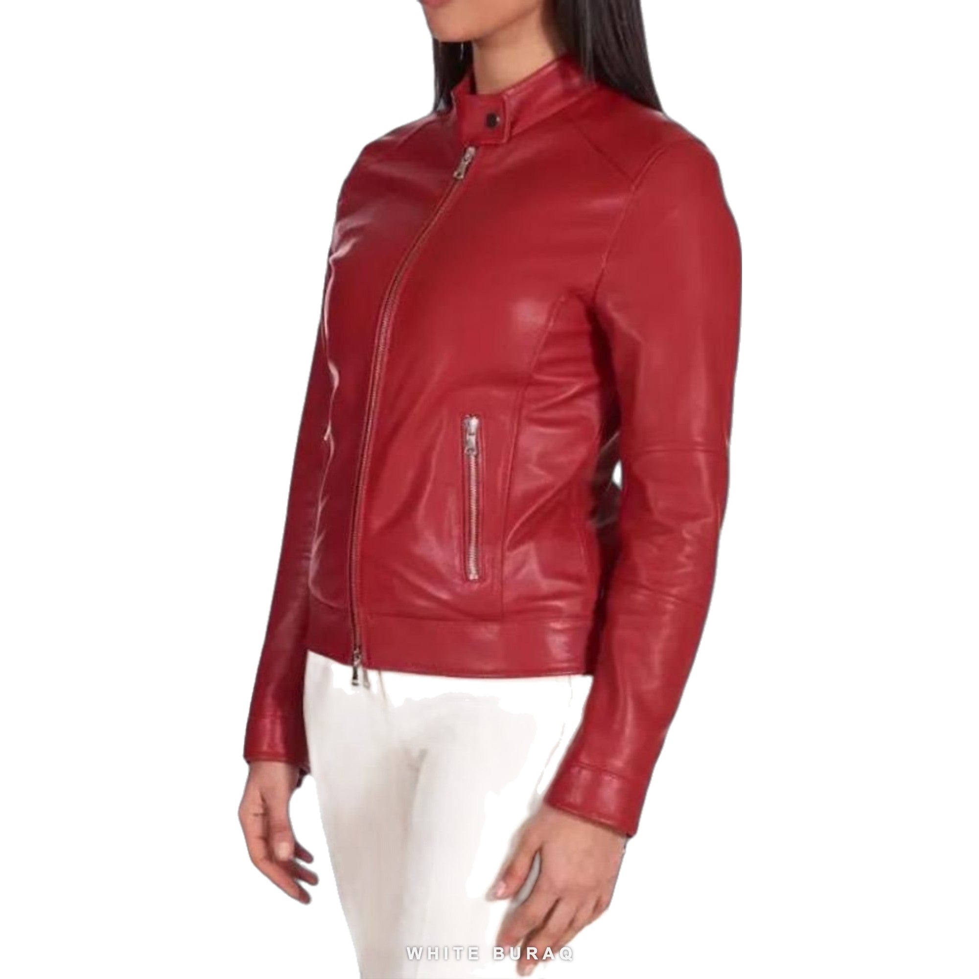 Women's Red Lambskin Leather Motorcycle Jacket – view 4