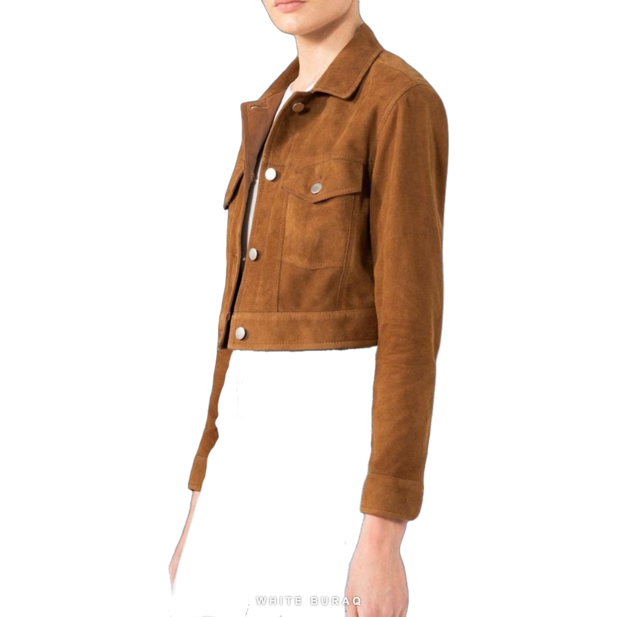 Women's Cropped Brown Suede Trucker Jacket – view 3