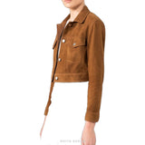 Women's Cropped Brown Suede Trucker Jacket – view 3