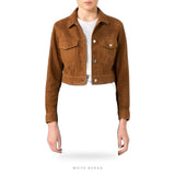 Women's Cropped Brown Suede Trucker Jacket – view 4
