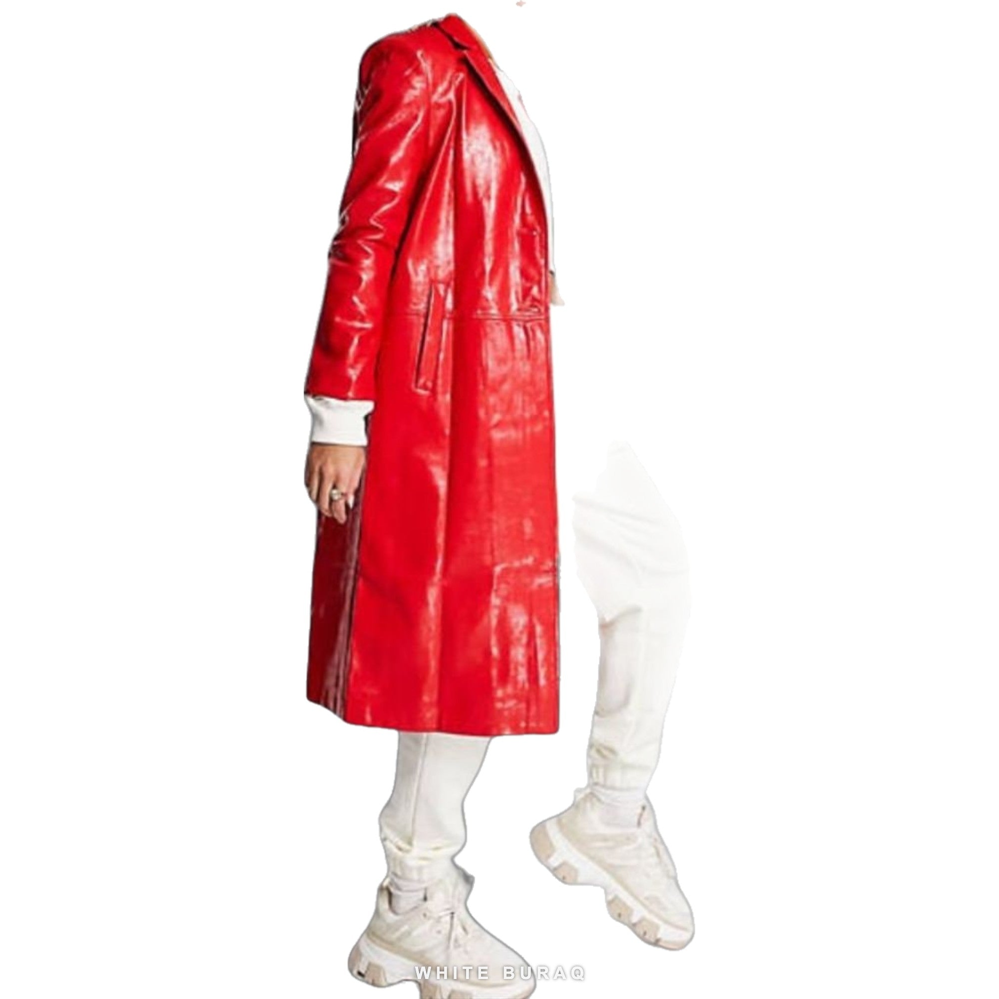 Women's Red Vegan Leather Trench Coat – view 3