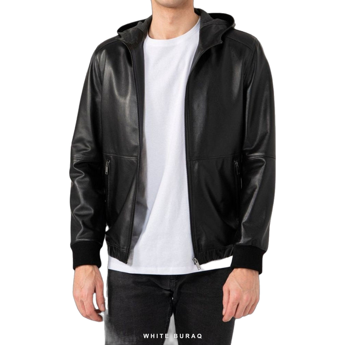Men's Black Lambskin Leather Hooded Jacket