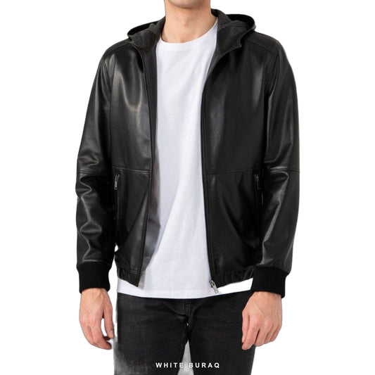 Men's Black Lambskin Leather Hooded Jacket
