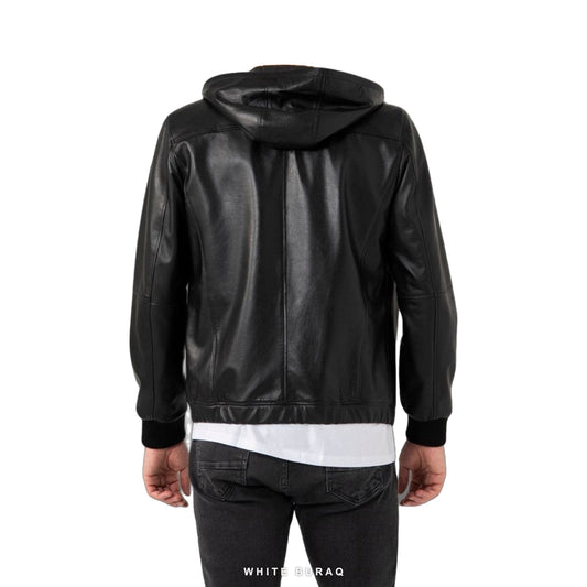 Men's Black Lambskin Leather Hooded Jacket – view 2