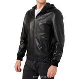 Men's Black Lambskin Leather Hooded Jacket – view 4