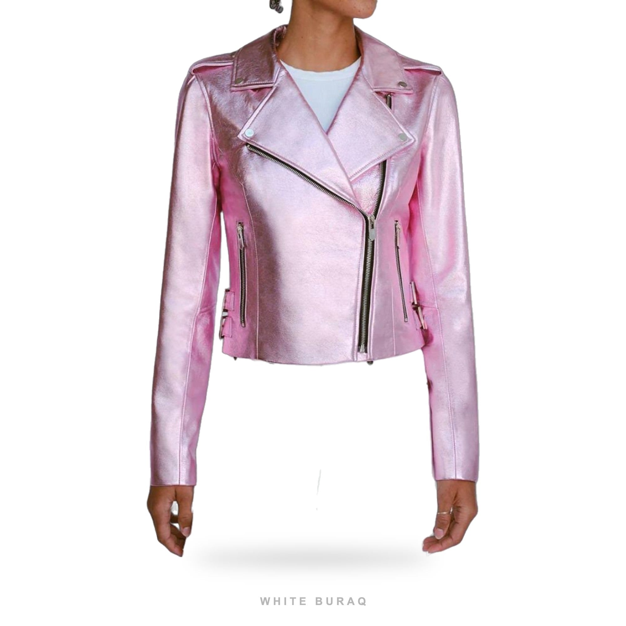 Women's Metallic Pink Lambskin Cropped Biker Jacket
