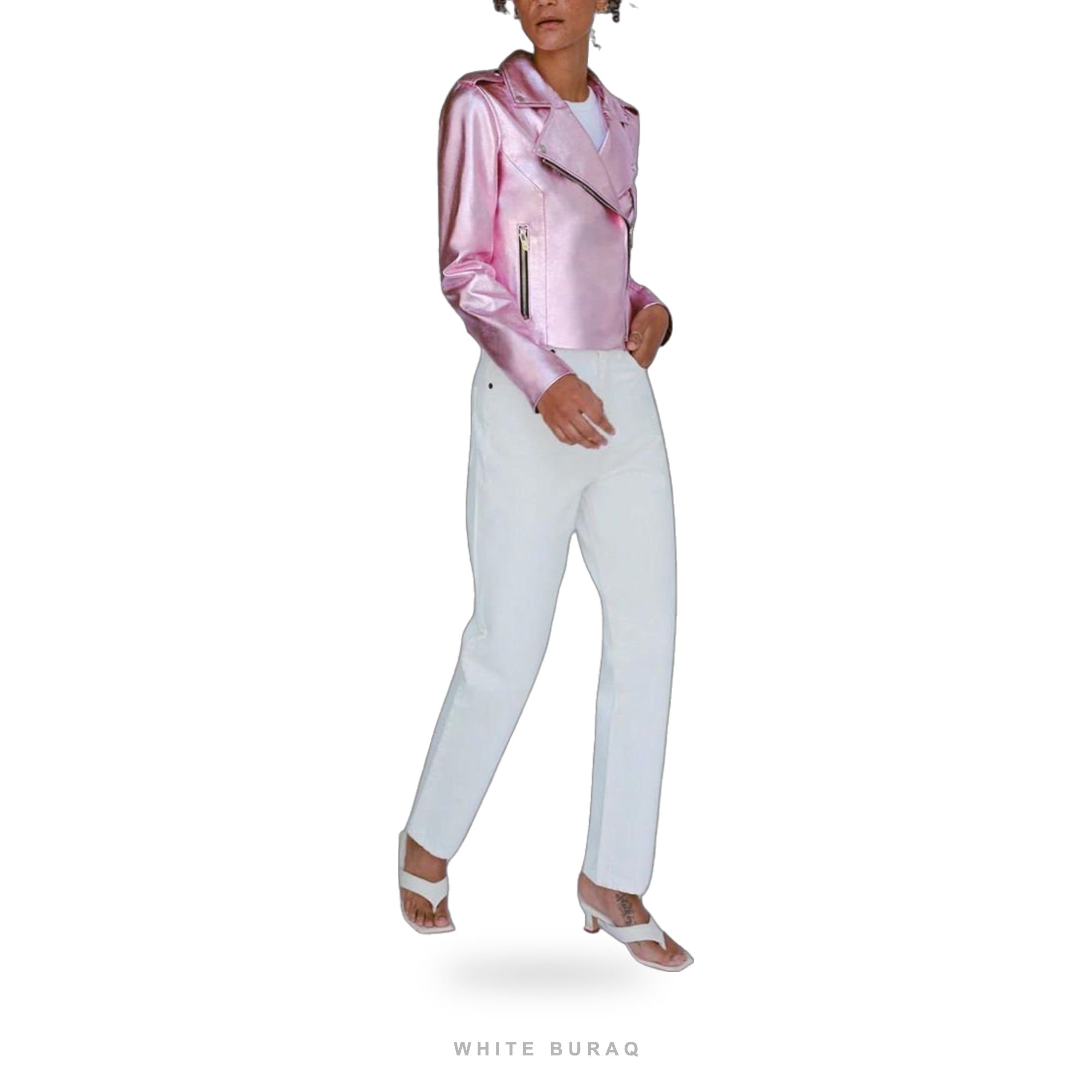 Women's Metallic Pink Lambskin Cropped Biker Jacket – view 5