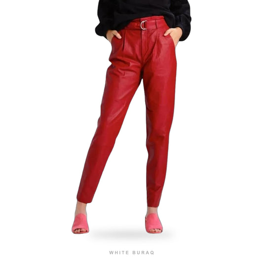 Women's Red Lambskin Leather Tapered Pants