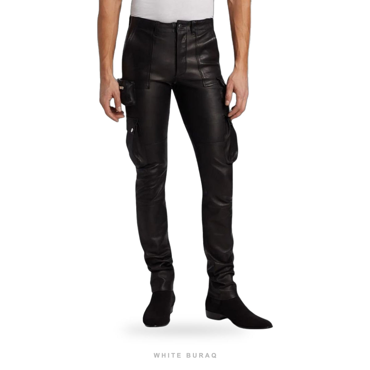 Men's Black Lambskin Leather Cargo Motorcycle Pants
