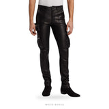 Men's Black Lambskin Leather Cargo Motorcycle Pants