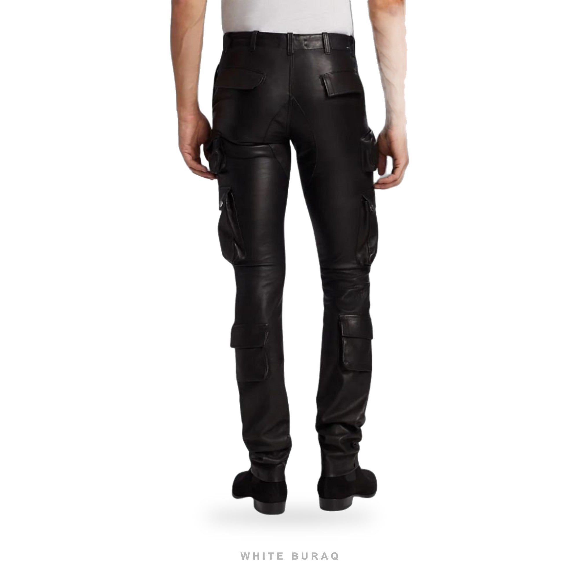 Men's Black Lambskin Leather Cargo Motorcycle Pants – view 2