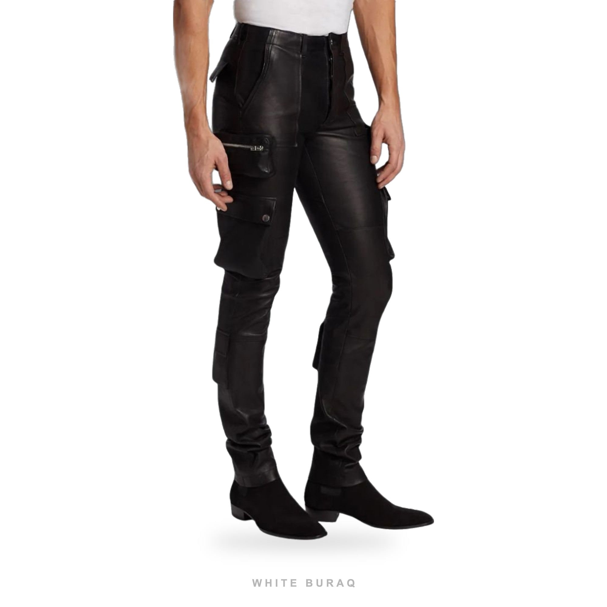 Men's Black Lambskin Leather Cargo Motorcycle Pants – view 4