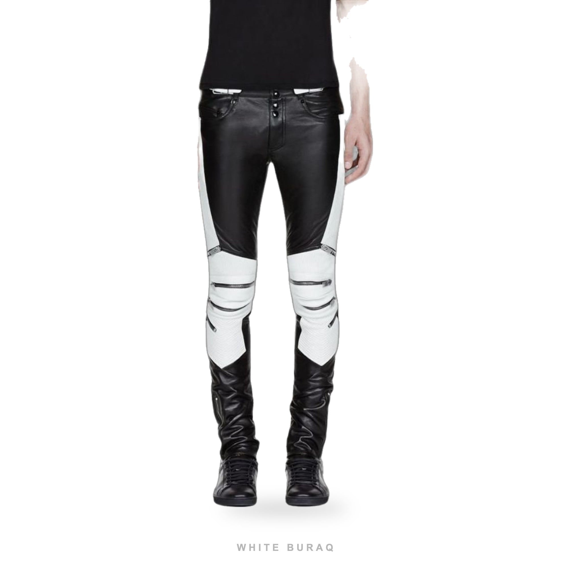 Men's Black Sheepskin Leather Pants with White Contrast