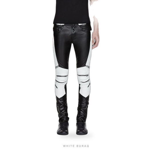 Men's Black Sheepskin Leather Pants with White Contrast
