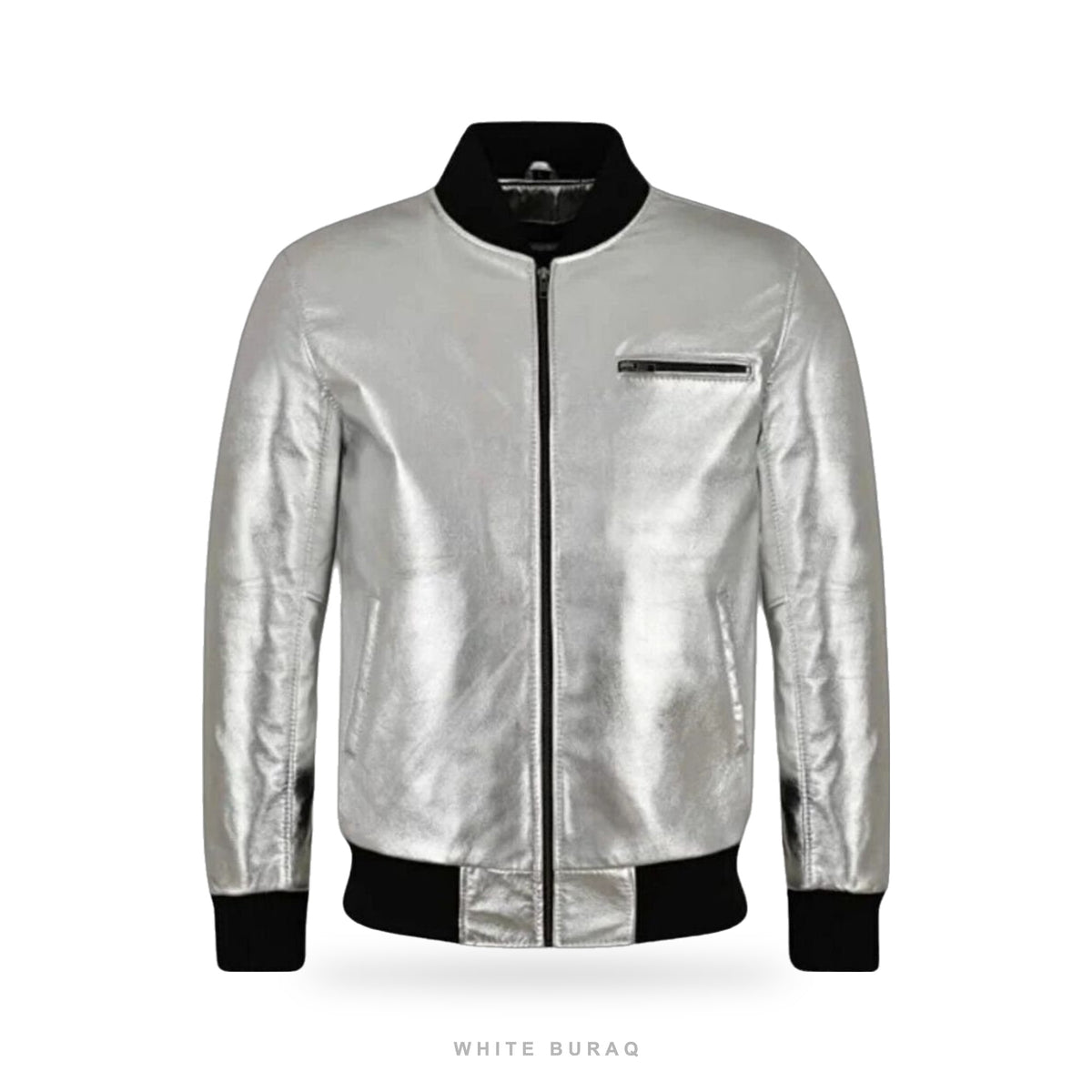 Men's Metallic Silver Lambskin Bomber Jacket