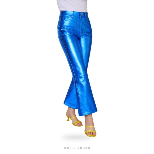 Women's Metallic Blue Sheepskin Flared Leather Pants – view 2