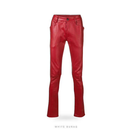 Men's Red Lambskin High-Rise Skinny Leather Pants